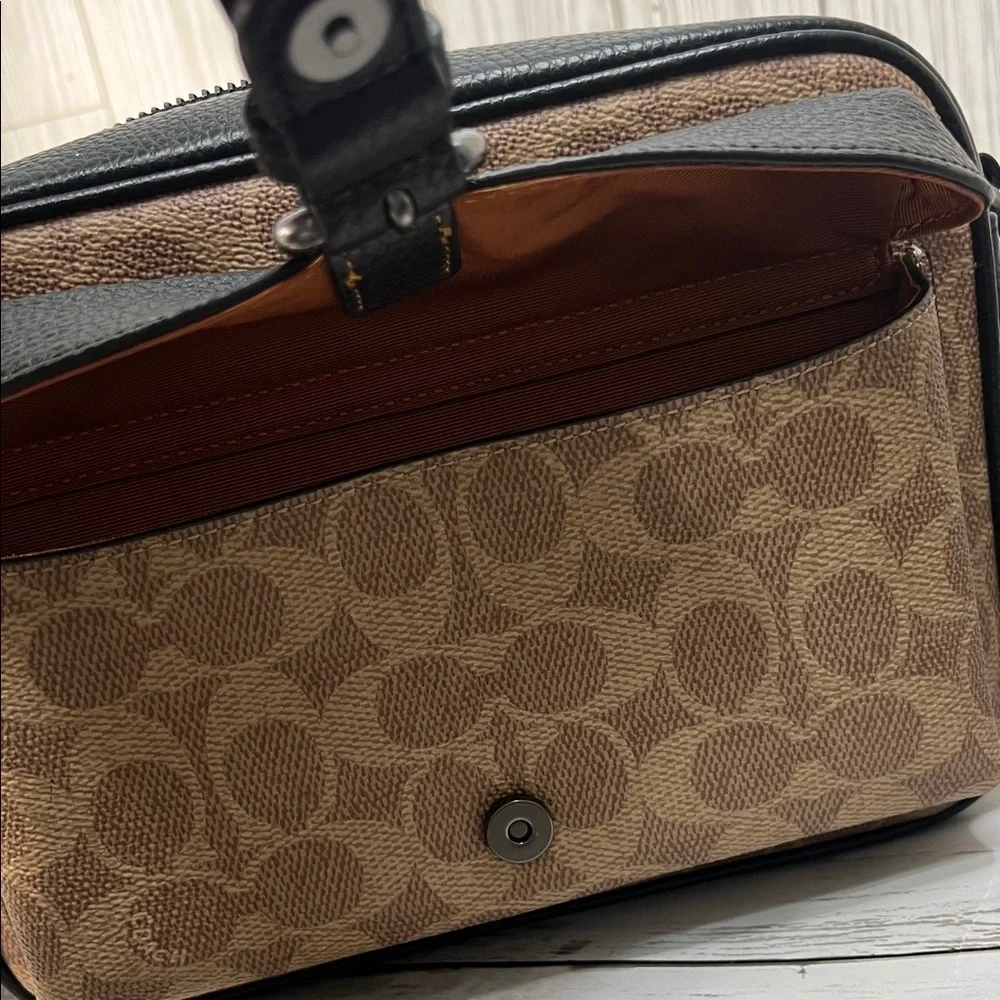 Coach Signature Canvas Brown Black Leather Trim Crossbody Bag